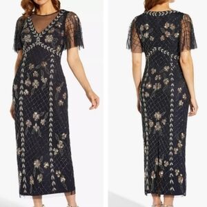 Adrianna Papell Beaded Sequin Black  Mesh Maxi Dress Mother Of The Bride Wedding